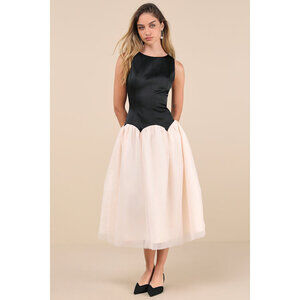 Lulus Contemporary Elegance Black And Cream Satin Tulle Midi Dress - Size M